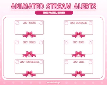 May include: Animated stream alerts with a pink pastel bunny theme. The alerts include: New Donor, New Follower, New Cheer, New Host, New Subscriber, and New Raid.