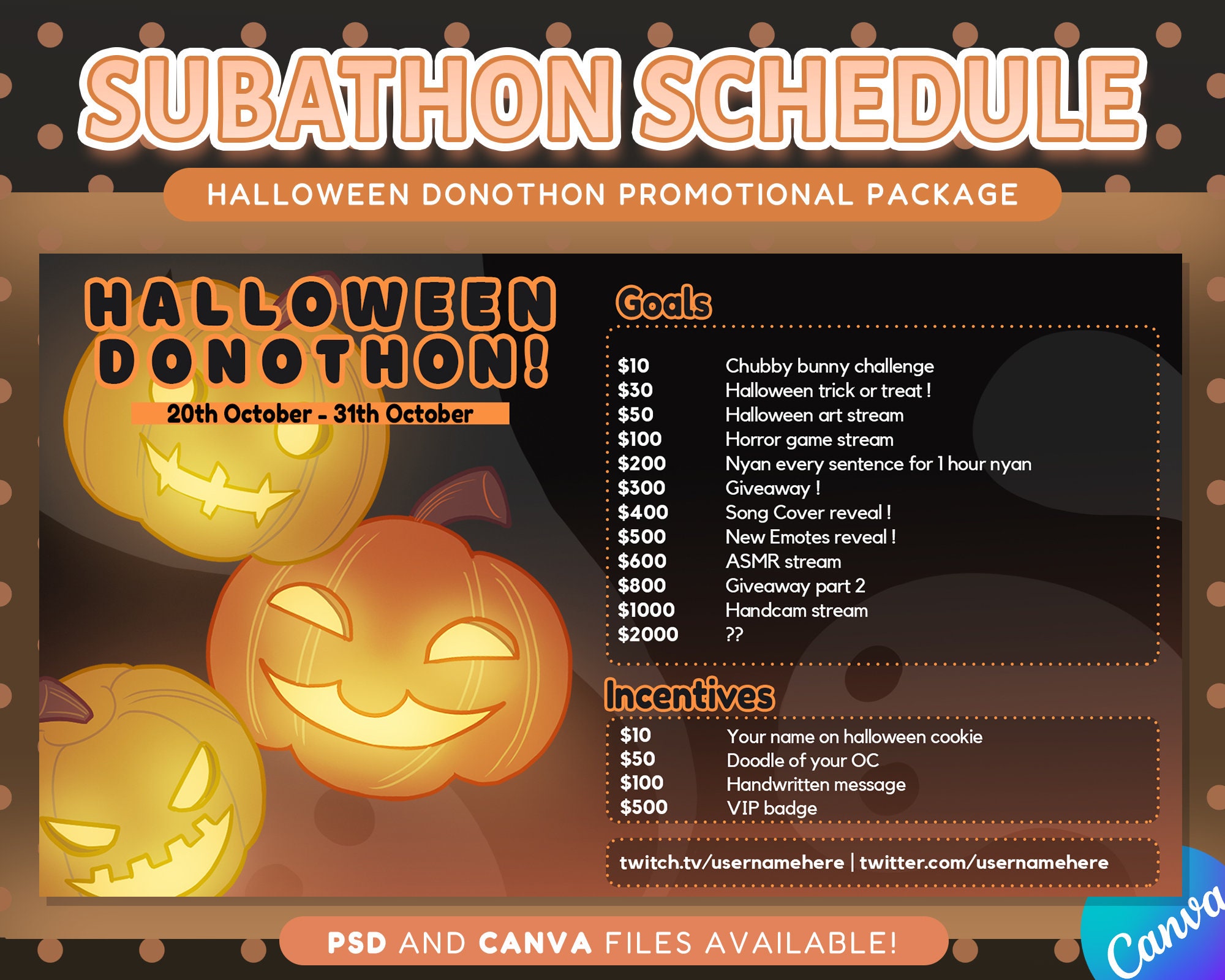 Halloween Donothon Template: Stream Subathon Package (PSD & Canva)