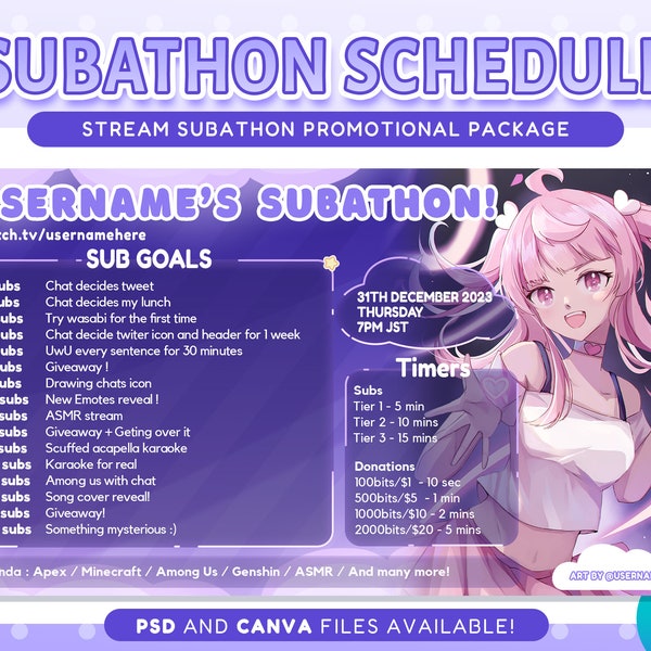 Stream Subathon Template für Twitch & Youtube Tracking / Lila Wolke süßen Ablaufplan für Social Media / Event Paket / Pastell