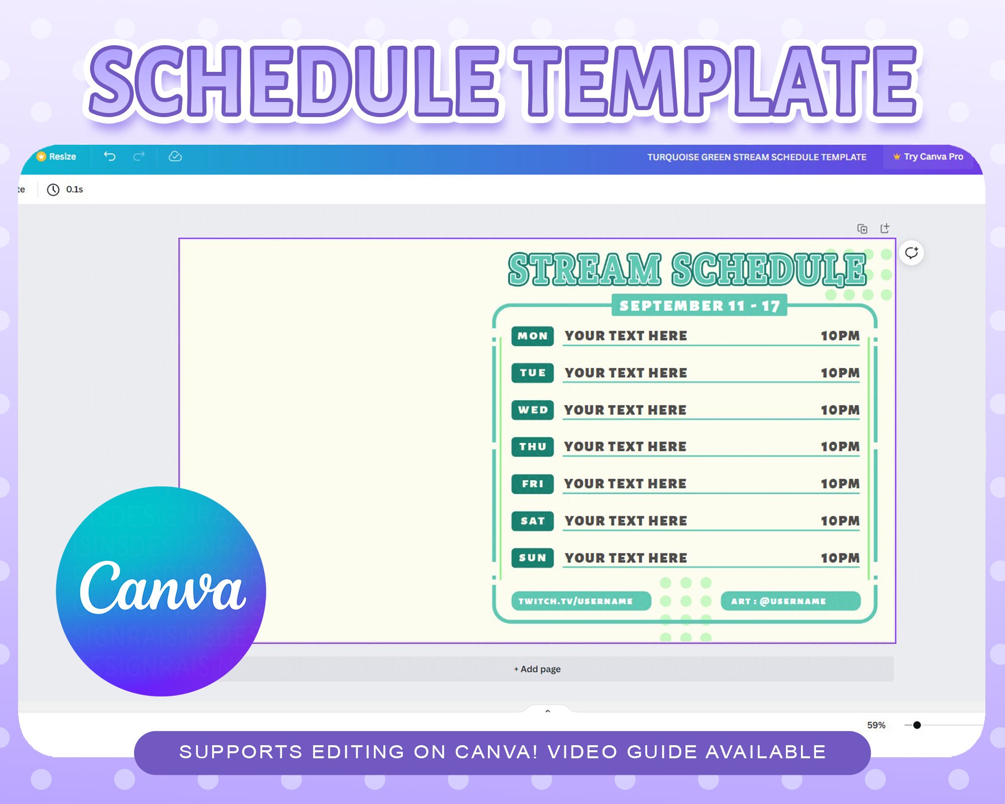 Stream Schedule Template for Twitch & Youtube Streaming / Turquoise