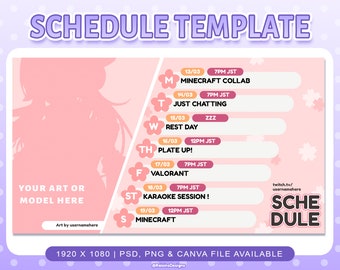 Stream Schedule Template for Twitch & Youtube Streaming / Spring Sakura Streaming Schedule Template / PSD PNG Files and Canva Supported