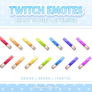 May include: A set of 12 Twitch emotes featuring colorful, sparkly, diagonal lines with hearts. The emotes are available in three sizes: 28x28, 56x56, and 112x112 pixels. The emotes are ready to use and optimized for Twitch.