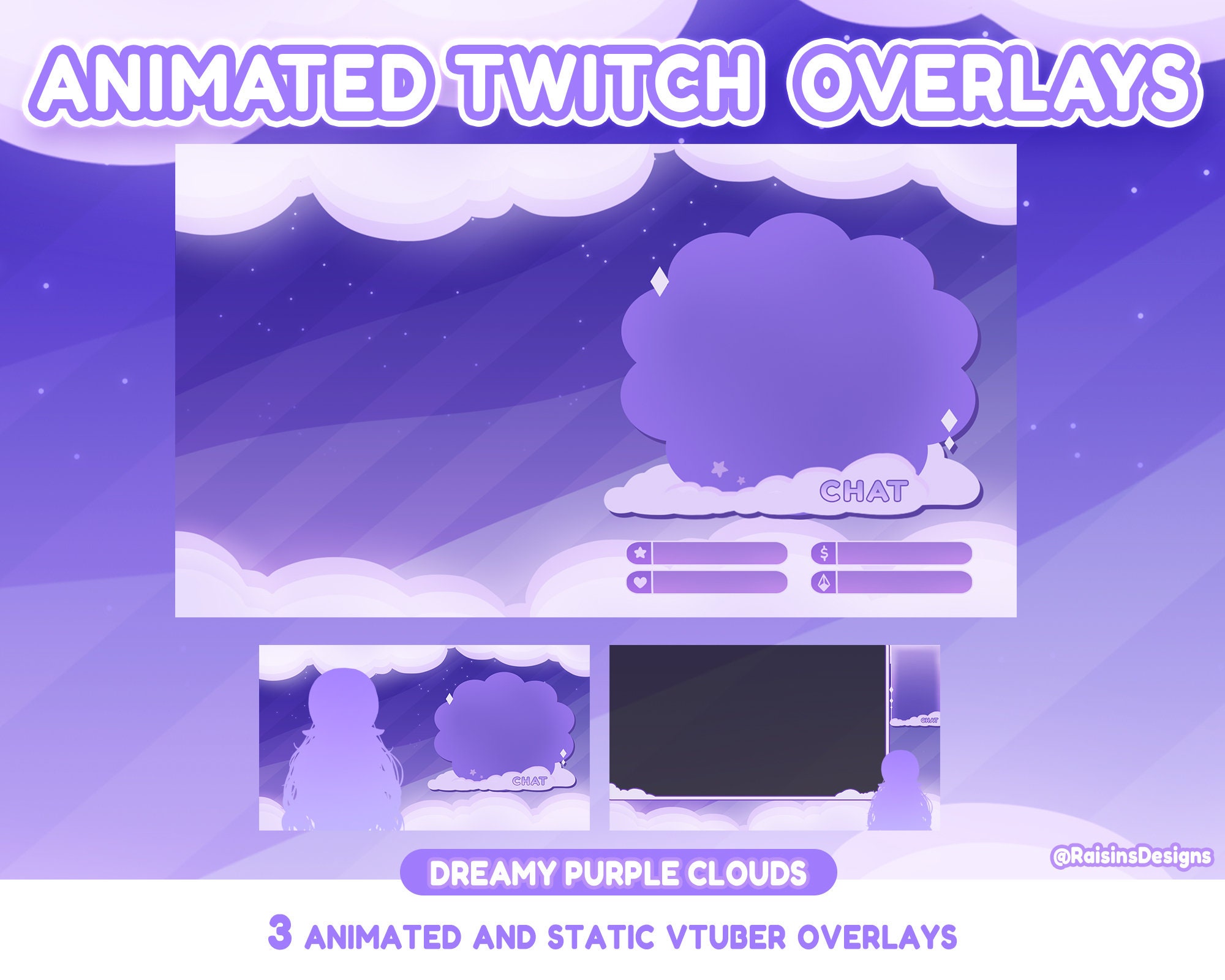 Animated Twitch Overlays / Dreamy Purple Cloud / Streamer Graphics ...