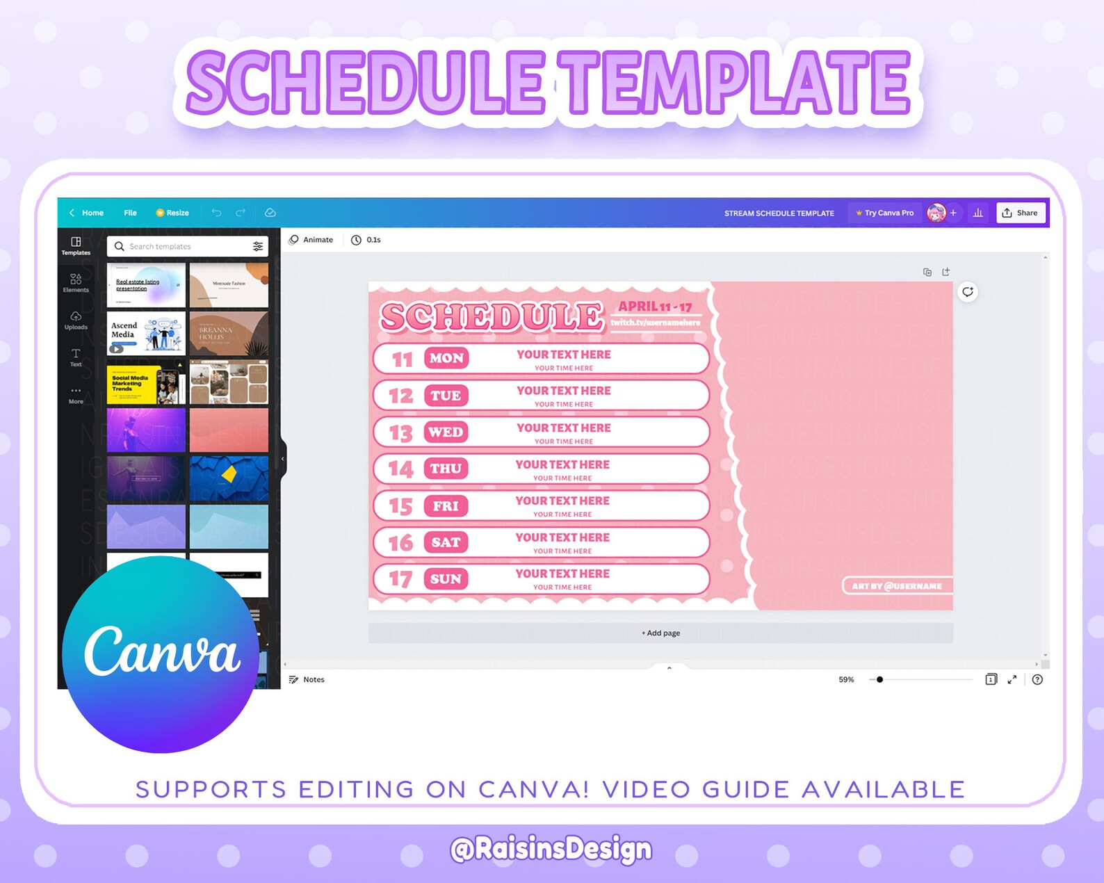 Stream Schedule Template for Twitch & Youtube Streaming / Pink Etsy