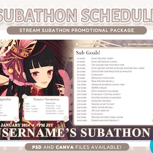 May include: A pink and white graphic with the text "Subathon Schedule" and "Stream Subathon Promotional Package". The graphic also includes a list of goals for a subathon, including a drawing chat icon, a new emotes reveal, and a spicy noodle challenge. The graphic also includes a list of agendas and timers/incentives for the subathon.