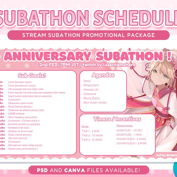 Stream Subathon Template for Twitch & Youtube Streaming / Pink Polka Cute Schedule Template for Social Media / Event Package / Pastel