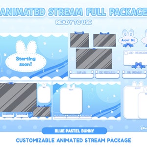 Animiertes Stream Overlay Paket für Twitch / Blue Pastel Bunny / Vtuber Overlay / Cute Aesthetic / Panels / Bildschirme / Warnungen