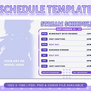 Stream Schedule Template for Twitch & Youtube Streaming / Pastel Purple Lavendar Streaming Schedule Template / PSD PNG Canva Supported
