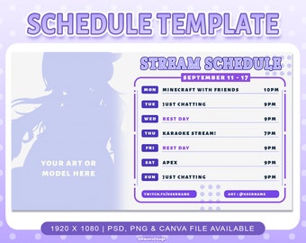 Stream Schedule Template for Twitch & Youtube Streaming / Pastel Purple Lavendar Streaming Schedule Template / PSD PNG Canva Supported