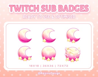 Pink Moon Sub Badges for Twitch & Youtube stream / Bit Badges / Subscriber badge / P2U Cute Cheer Badges / Streamer Graphics