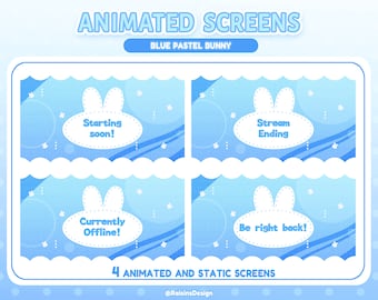 Animated Screens for Twitch Overlay / Blue Pastel Bunny / Cute Screens / Vtuber / Starting Soon / Stream Ending / Waiting Scene / BRB
