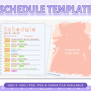 Stream Schedule Template for Twitch & Youtube Streaming / Cute Notebook Journal themed Schedule Template / PSD PNG Files and Canva Supported