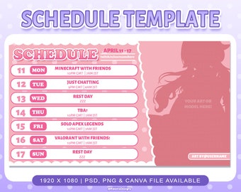 Stream Schedule Template for Twitch & Youtube Streaming / Pink Polka Cute Streaming Schedule Template / PSD PNG Files and Canva Supported