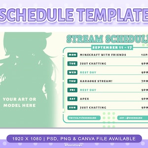 Stream Schedule Template for Twitch & Youtube Streaming / Turquoise Green Streaming Schedule Template / PSD PNG Files and Canva Supported