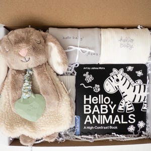 May include: A gift box containing a plush tan bunny security blanket with a green heart-shaped teether, a gray blanket with 'hello baby!' text, a white ribbed blanket with 'hello baby!' text, and a black and white 'Hello, BABY ANIMALS' book.