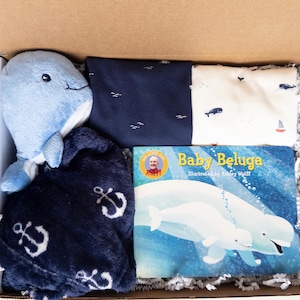 Baby boy gift box, baby boy shower gift, baby boy gift box, baby boy gift basket, Marine Animals, security blanket, Bodysuits, Board Book