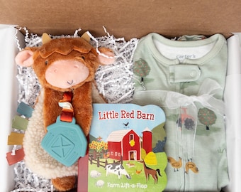 Farm Baby Gift Set, Sleeper, Cow Toy, Board Book, Neutral Shower Box