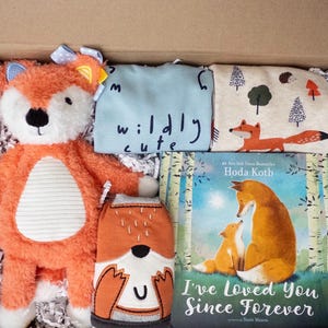 Conjunto de regalo para bebé zorro: bodys, libro, peluche y babero. imagen 1