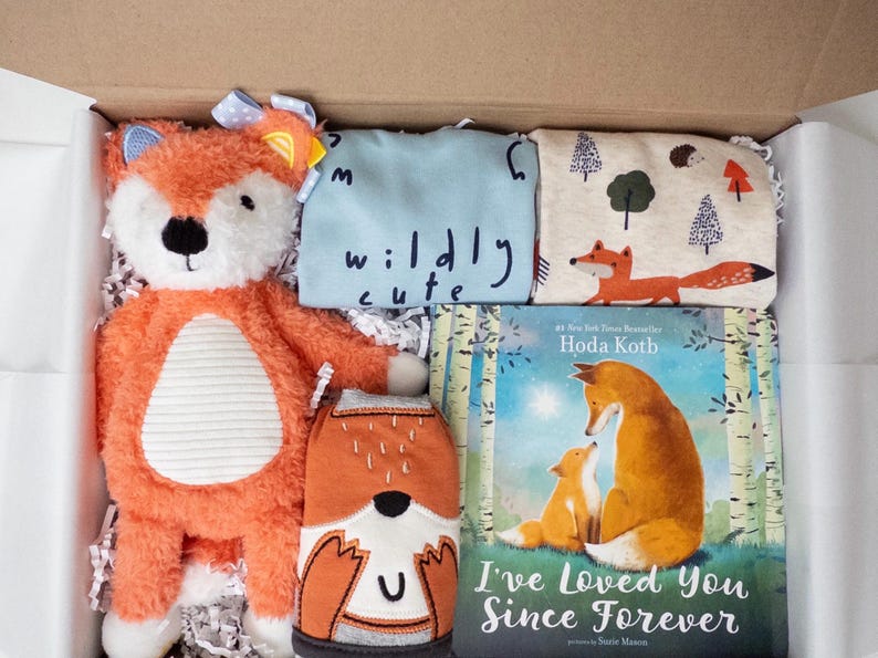Conjunto de regalo para bebé zorro: bodys, libro, peluche y babero. imagen 1