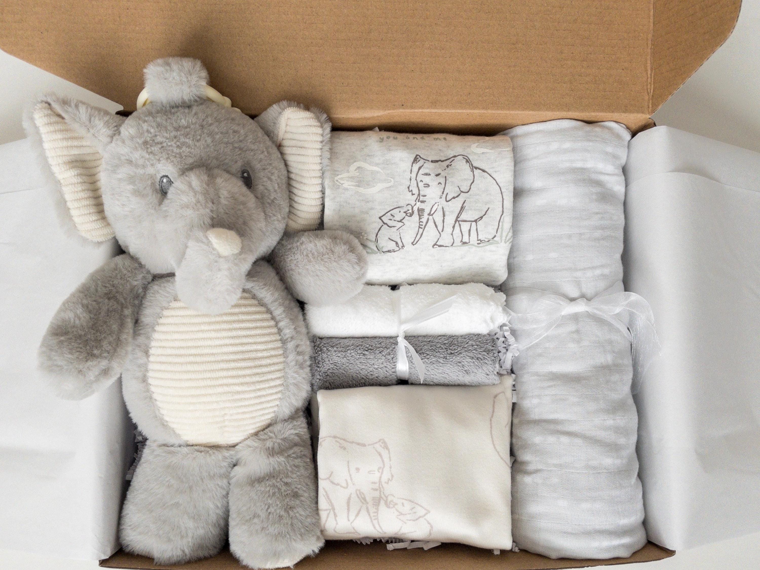 Neutral Baby Gift Box With Elephant Plush, Swaddle, Bodysuits - Etsy