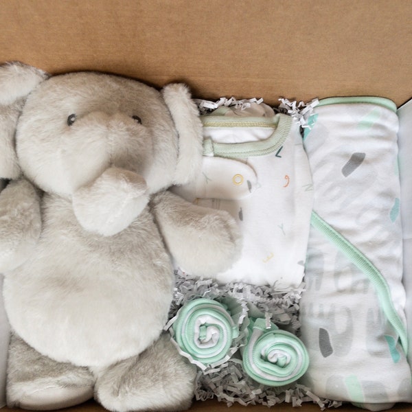 Neutral baby bath gift, baby shower gift set, unisex baby gift, gender neutral baby gift box, Bed and bath gift, Sleeper, towel, Stuffed Toy