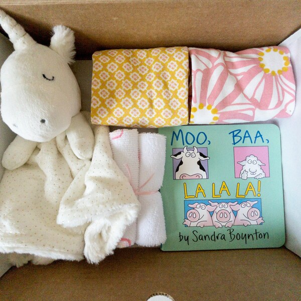 Baby girl gift box, baby shower gift girl, onesie cupcake, new baby girl gift, newborn girl gift box, baby sprinkle gift, unicorn gift box