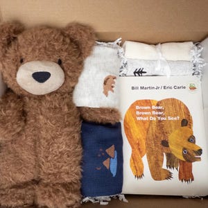 May include: A gift box containing a brown plush teddy bear, a light-colored patterned swaddle, a dark blue textured cloth, and the board book Brown Bear, Brown Bear, What Do You See? by Bill Martin Jr and Eric Carle, with white fabric filler.