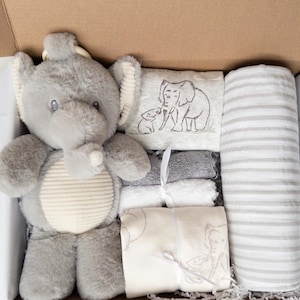 Neutral Baby Gift Box, Elephant Plush, Bodysuits, Washcloths, Swaddle Blanket