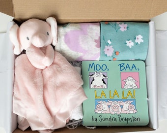 Baby girl gift box, baby shower gift girl, Elephant gift box, Security blanket, Bodysuits, Book, Baby girl sprinkle gift