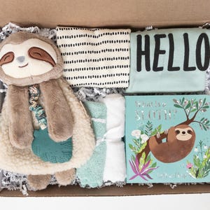 Gender neutral baby shower gift, gender neutral gift box, New baby gift basket, Neutral baby box, Security Blanket, board book
