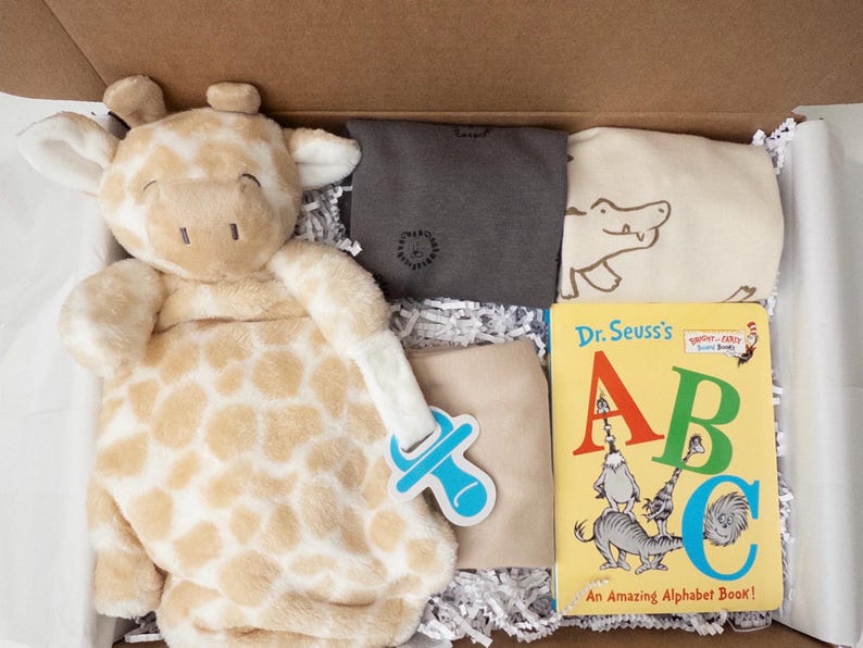 May include: A gift box containing a plush giraffe security blanket with a blue pacifier attachment, a dark gray shirt, a cream shirt with a brown alligator graphic, and a Dr. Seuss ABC board book with yellow cover and colorful letters.