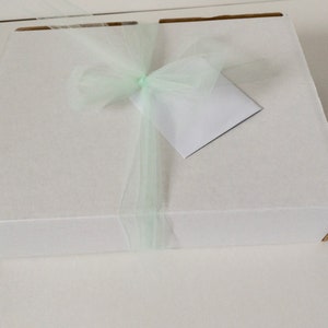May include: A rectangular white cardboard box tied with a pale mint green tulle ribbon. A small, blank, square white card is tucked under the ribbon bow on the top surface of the box. The box is closed and features a clean, simple design.