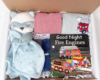 Baby Boy Gift Box, Firetruck theme, Bodysuits, Security Blanket, Board Book