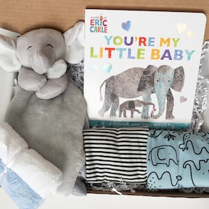 Baby boy gift box, baby shower gift boy, Elephant gift for boys, New baby boy gift basket, Bodysuits, Board Book, Stuffed Toy