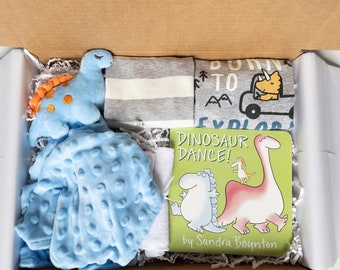 Baby boy gift box, baby shower gift boy, bodysuits, Security Blanket, Book, welcome baby gift box, baby boy gift basket, Dinosaur baby gift