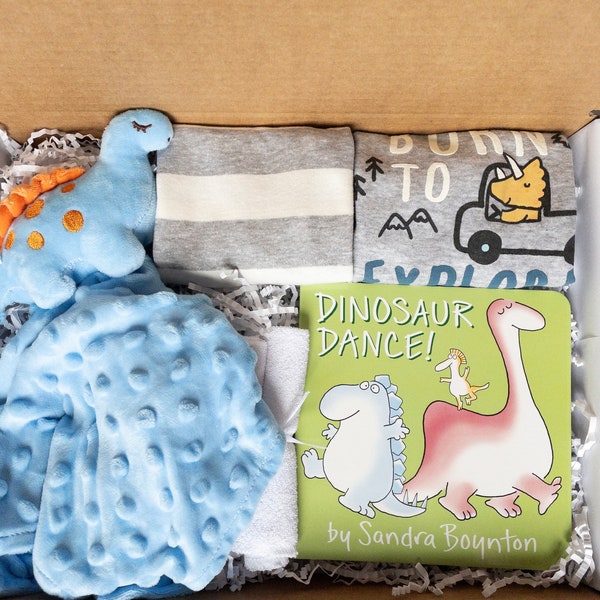 Baby boy gift box, baby shower gift boy, bodysuits, Security Blanket, Book, welcome baby gift box, baby boy gift basket, Dinosaur baby gift