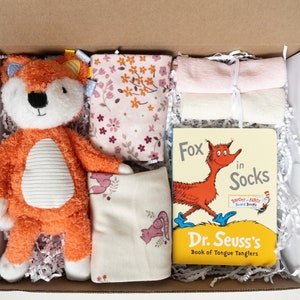 Baby girl Fox gift box, baby girl shower gift, baby girl Fox gift basket, Baby girl gift box, board book, Bodysuits, Stuffed Fox