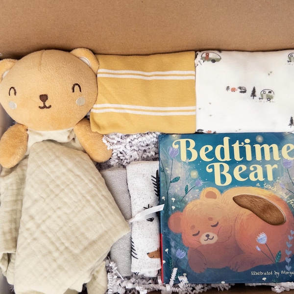 Neutral Baby Gift Box with Bear Lovey and Board Book