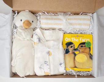 Caja de regalo para bebé pollito neutro, manta de seguridad, libro de granja