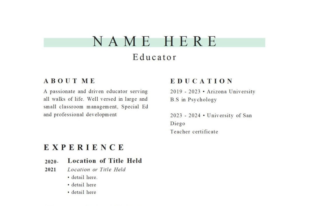 Simple Resume for Teachers! Easy to Read Layout, Times New Roman Font