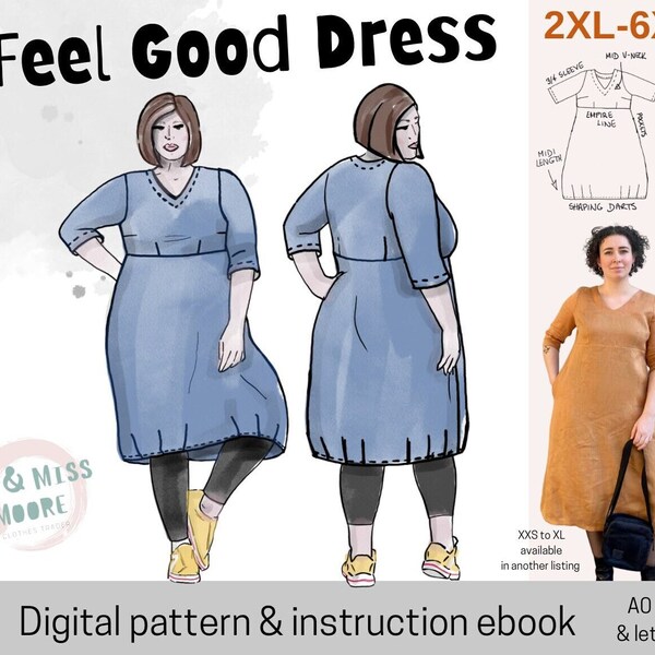 Robe Feel Good - TAILLES PLUS 2XL à 6XL - Robe à enfiler à col en V, ligne empire et poches - - Patron de couture indépendant + plis