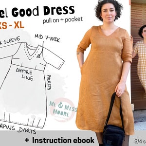 Feel Good Dress semi fitted pull on dress, pockets, empire line, V-neck, short and 3/4 sleeve options A0 A4 & Letter indie PDF  Pattern