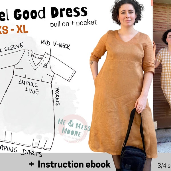 Feel Good Dress halb tailliertes Pull-On-Kleid, Taschen, Empire-Linie, V-Ausschnitt, kurz und 3/4 Ärmel Optionen A0 A4 & Letter indie PDF Pattern