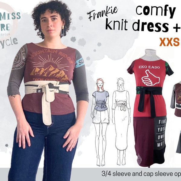 Frankie PDF upcycled, repurposed t-shirt, indie dress & top with obi belt, sleeve versions, illustrated instruction tutorial XXS-XL