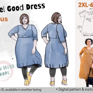 Feel Good Dress - PLUS SIZES 2XL to 6XL - V neck pull-on dress with empire line and pockets-  - indie sewing pattern + pleat hack