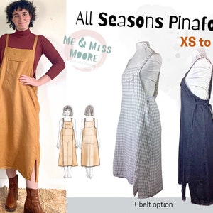 All Seasons Pinafore dress, indie, PDF, sewing pattern with pockets, hem splits, raw edge trim, A0, A4, letter, curvy sizes, plus sizes