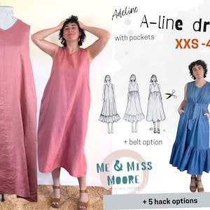 ADELINE A-line pocket sewing pattern with belt and upcycle & 4 hack options - Illustrated ebook, sizes XXS-4XL
