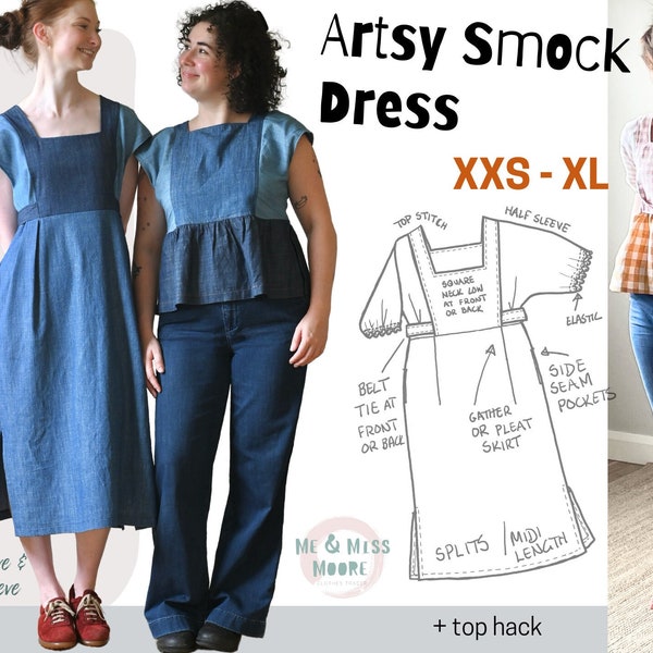 Artsy Smock Dress, pull on women's short & half sleeve, belt, pockets, square neck, side splits, easy pdf sewing pattern in XXS to XL sizes