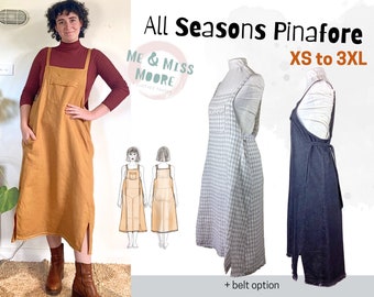 All Seasons Pinafore dress, indie, PDF, sewing pattern with pockets, hem splits, raw edge trim, A0, A4, letter, curvy sizes, plus sizes