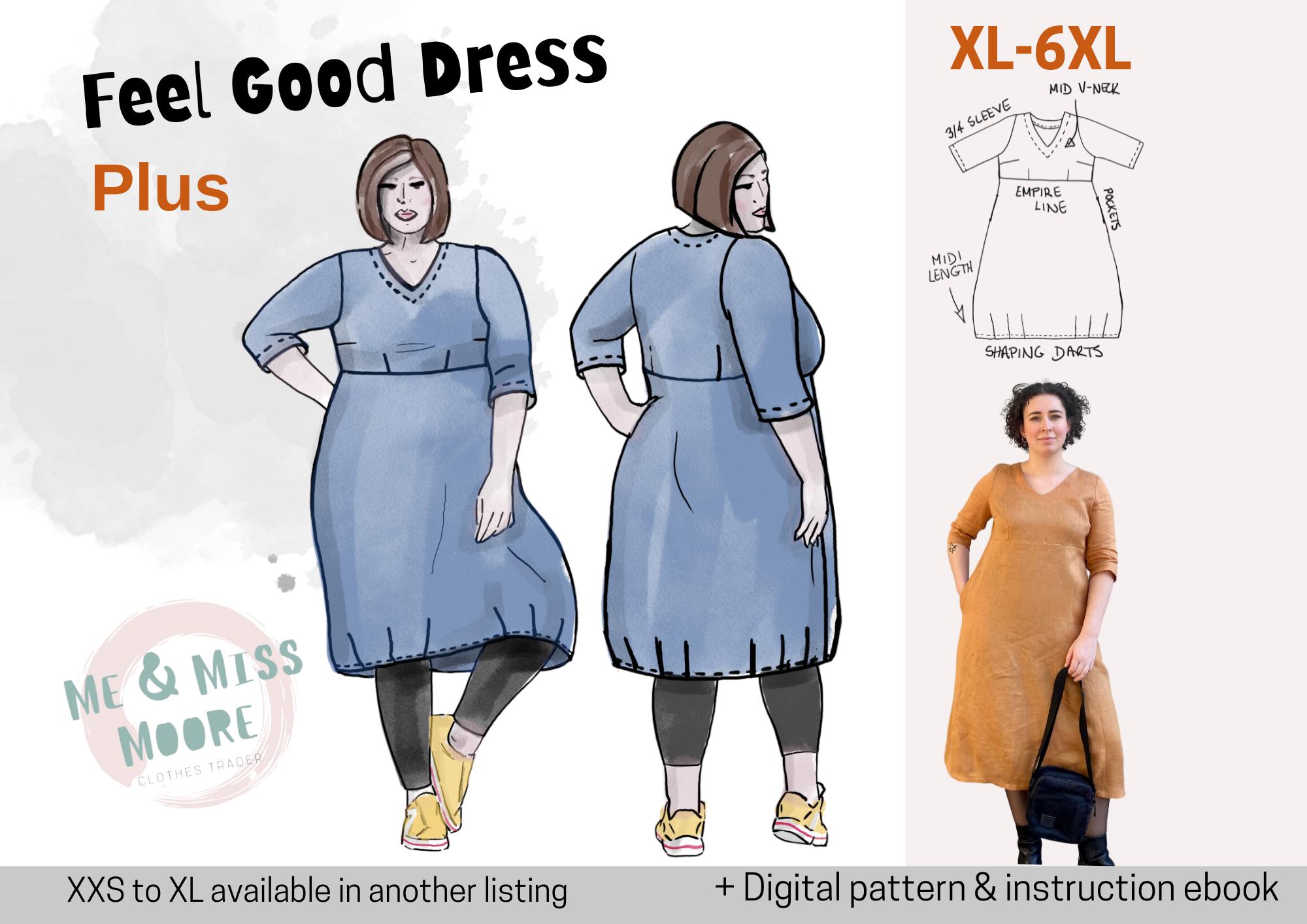 Feel Good Dress PDF indie pattern, XL - 6XL semi fitted pull on, pockets, empire line, V-neck, pockets - no zips no buttons  + hack